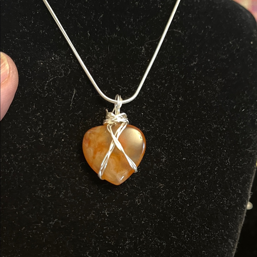 Handmade Amber Heart Pendant Necklace with Silver Wire Wrap